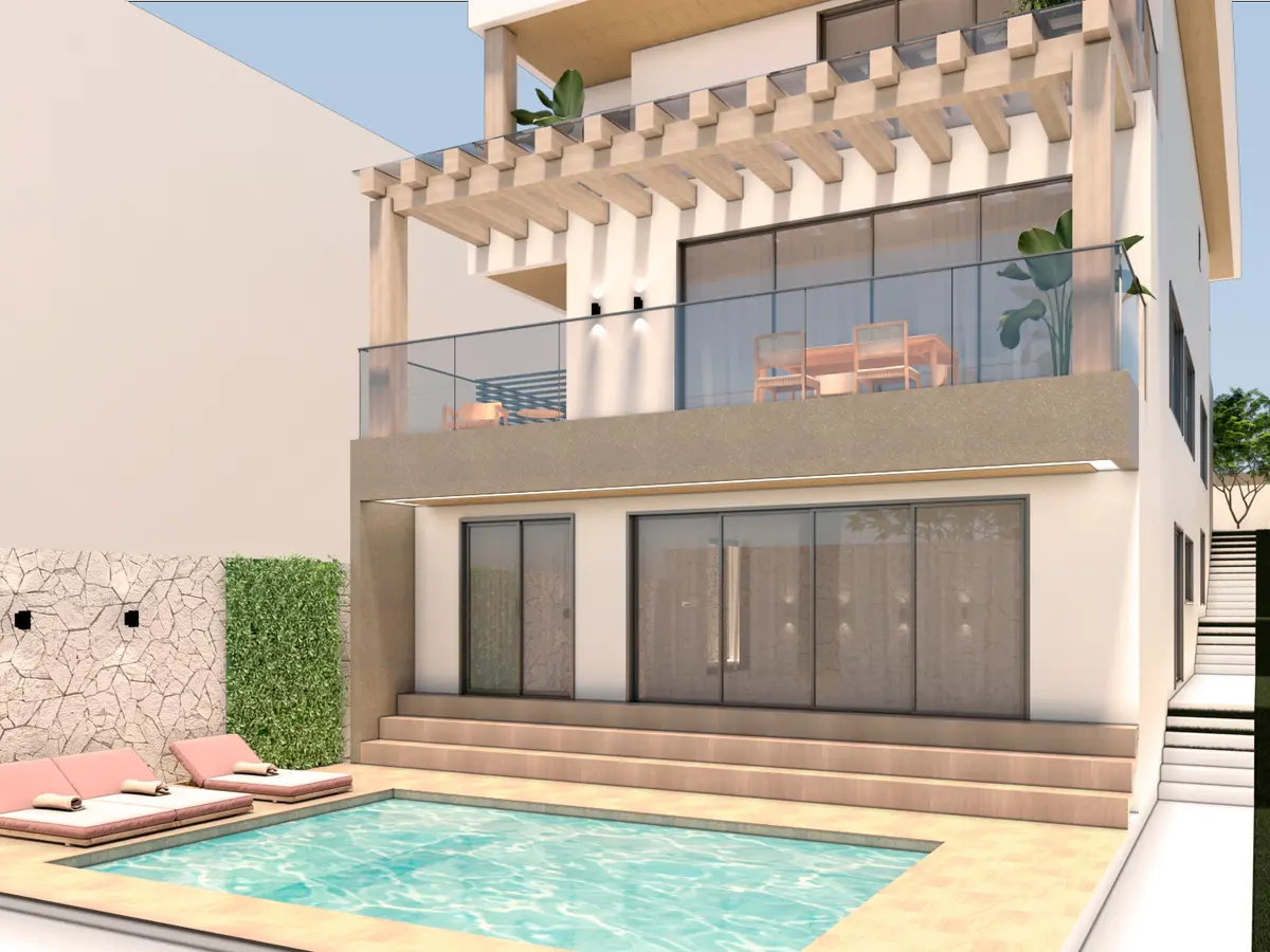 Fachada de sobrado com pergolado de madeira, varanda com vidro e piscina, modelado em BIM pelo Studio Agê